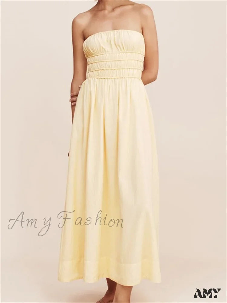 Seasonal Trends Amy Fashion - Women Ruched Strapless Tube Solid Summer Backless Party A-Line for Cocktail Streetwear Aesthetic Vestidos