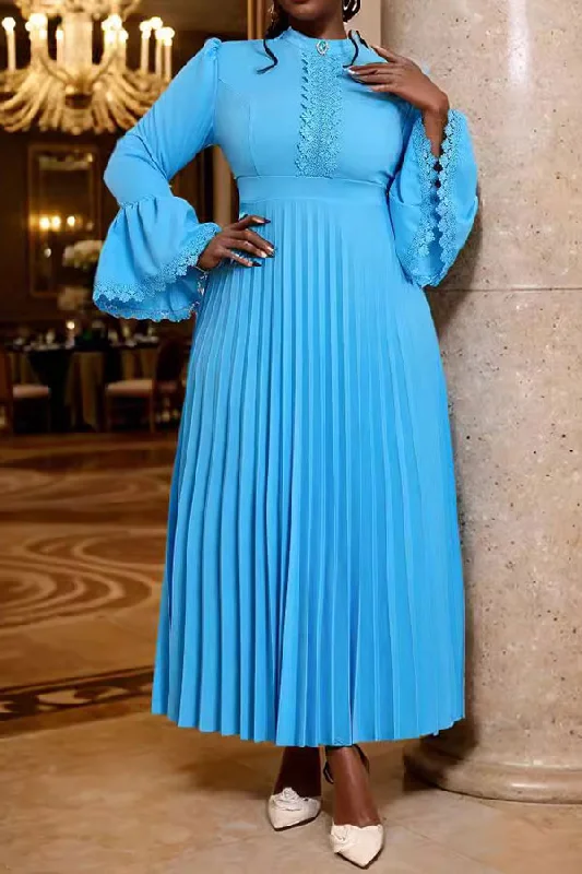 Your Timeless Wardrobe Awaits Solid Color Lace Trim Bell Sleeve Stunning Pleated Maxi Dress