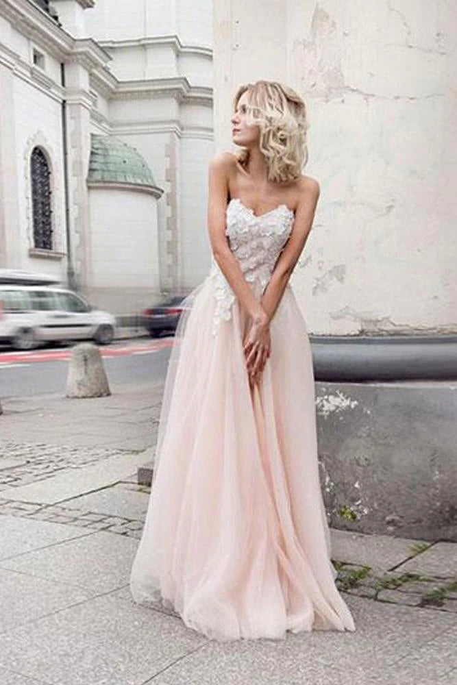 Limited Time Deal A Line Sweetheart Tulle Pink Prom Dresses with Appliques Beach Wedding Dresses