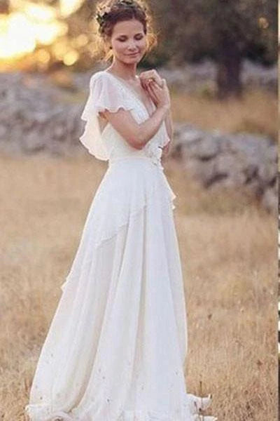 Break Fashion Norms Elegant A-Line Ivory Flower Cap Sleeve V-Neck Chiffon Open Back Wedding Dresses