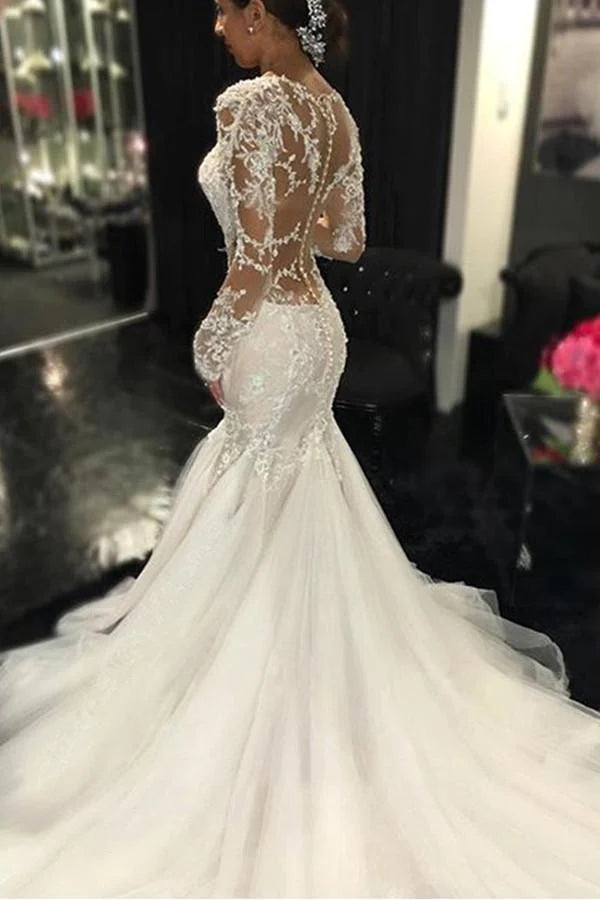 Limited Styles Long Sleeves Court Train Ivory V-Neck Mermaid Tulle Wedding Dress With Lace Appliques