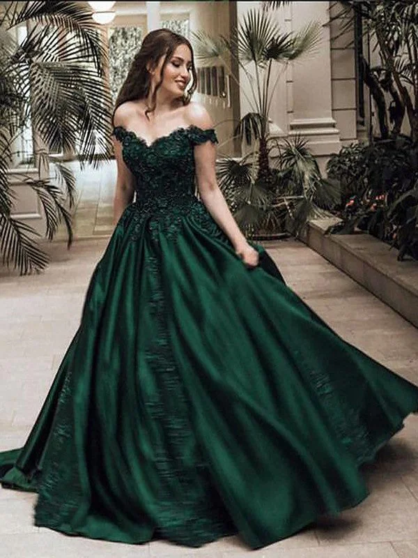 Trend Setting Threads Ball Gown Off-the-Shoulder Sleeveless Floor-Length Lace Satin Dresses