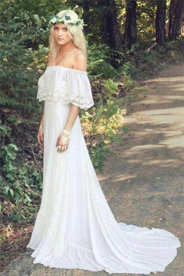 Durable Fashion Picks A Line Off the Shoulder Bohemian Lace Chiffon Ivory Summer Beach Wedding Dresses