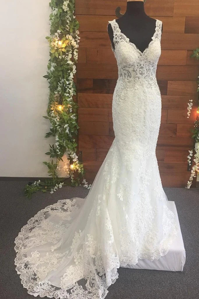 Fashion For Every Occasion Mermaid Lace Beads Appliques V Neck Ivory Wedding Dresses Long Bridal Dress