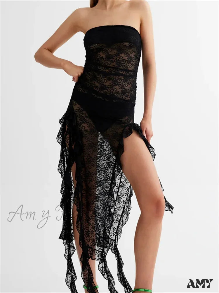 Stylish Savings Amy Fashion - Sexy Women Lace Tube Strapless Off Shoulder Backless See Through Irregular Hem Split Tassels Clubwear New