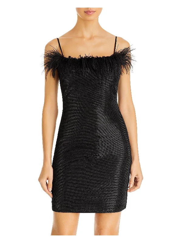 Mid - Week Surprise Womens Feather Trim Sequin Mini Dress