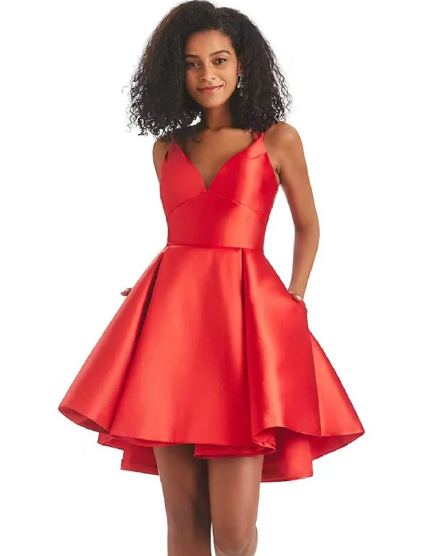 Season Offer A-Line Homecoming Dresses Backless Dress Holiday Short / Mini Sleeveless V Neck Satin with Pleats