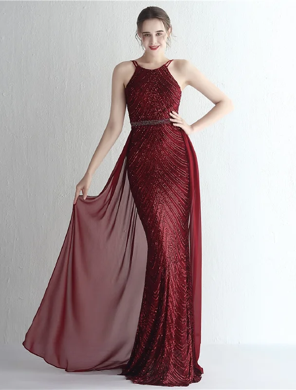 Stylish Savings Mermaid / Trumpet Prom Dresses Elegant Dress Formal Floor Length Sleeveless Halter Chiffon with Beading Sequin