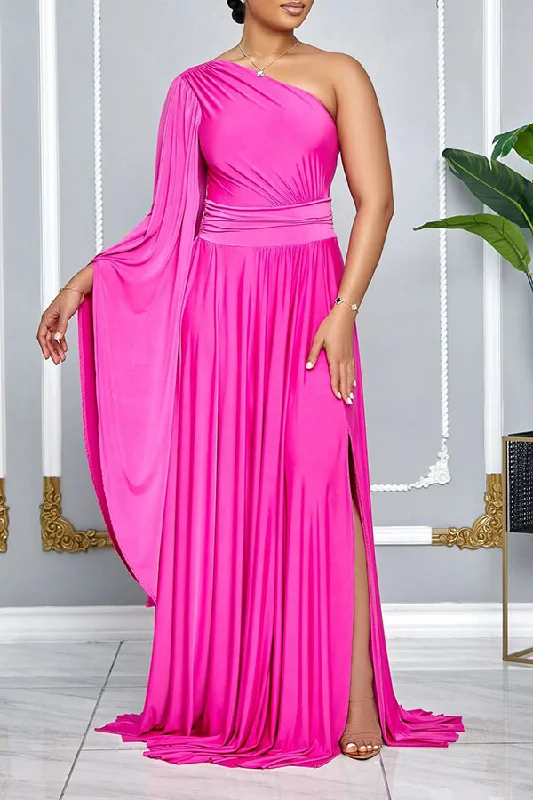 Trendy Attire For Her Solid Color One Shoulder Striking High Split Maxi Dress