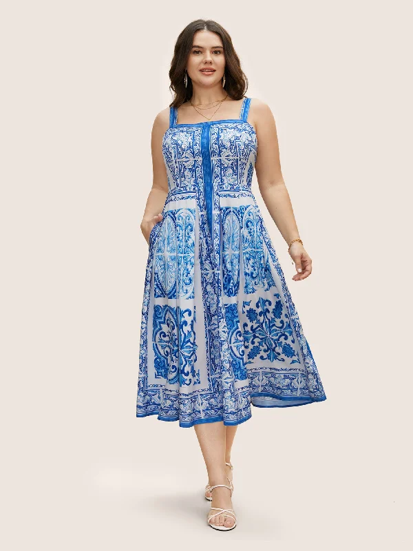 Fashion Forward Boho Print Square Neck Plicated Detail Midi Dress