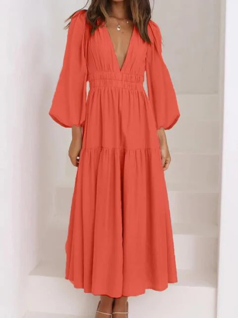 Massive Selection Sale Deep V-Neck Balloon Sleeve Plain Maxi Dress