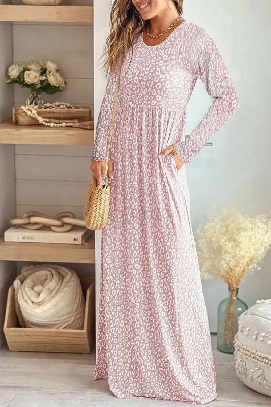 The Latest Trends Leopard Round Neck Long Sleeve Maxi Dress