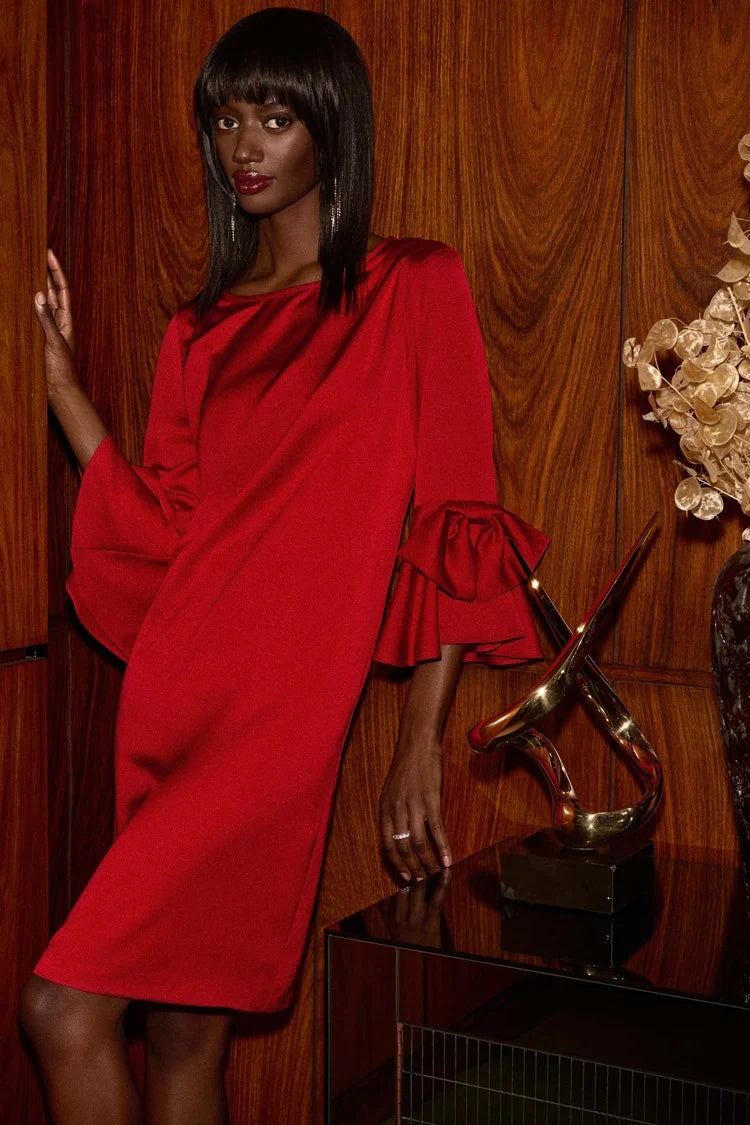 Chic Trends Unveiled Joseph Ribkoff Red Satin Ruffle Sleeve Straight Dress