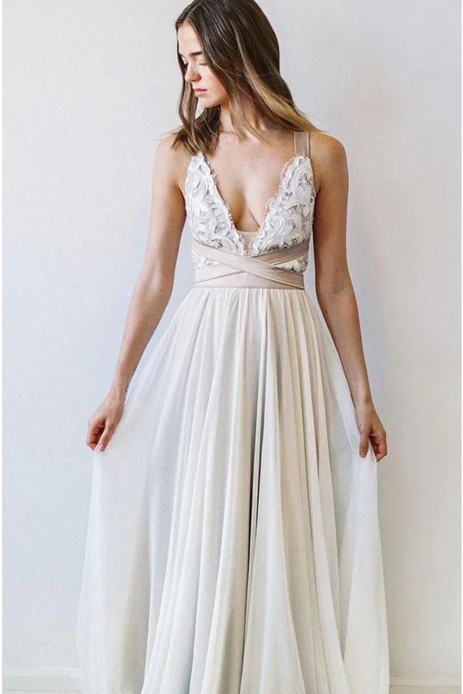 Evening Looks Elegant Fashion A Line V Neck Open Back Chiffon Ivory Lace Long Wedding Dresses