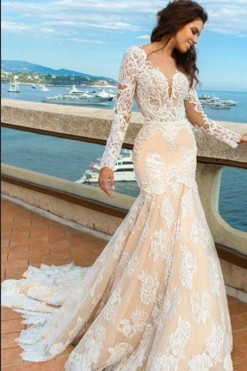 Seasonal Fashion White Lace Mermaid Deep V-Neck Backless Long Sleeve Wedding Dresses