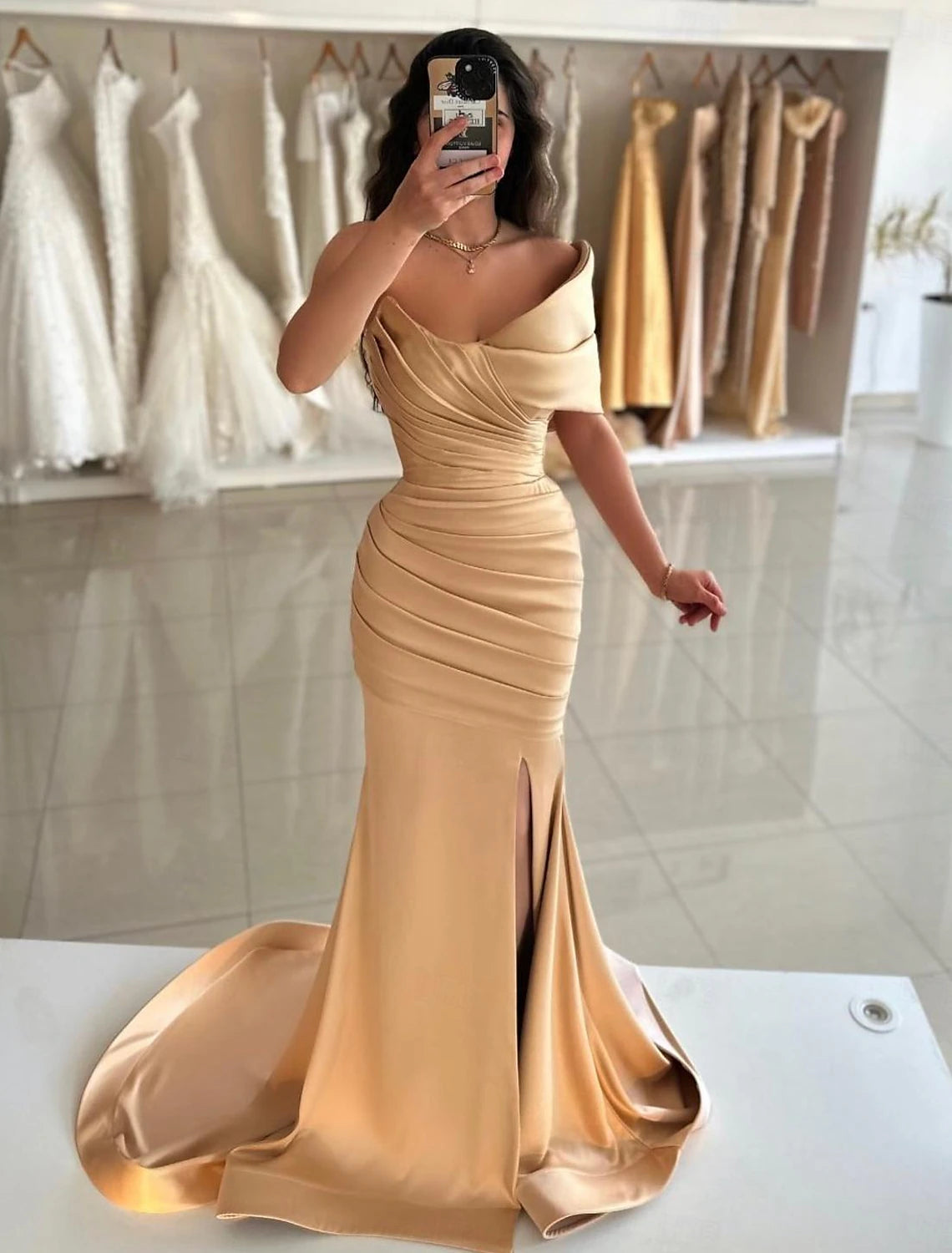 Chic And Edgy Elegant Dress Formal Prom Floor Length Sleeveless Off Shoulder Satin with Ruched Slit Prom Dresses