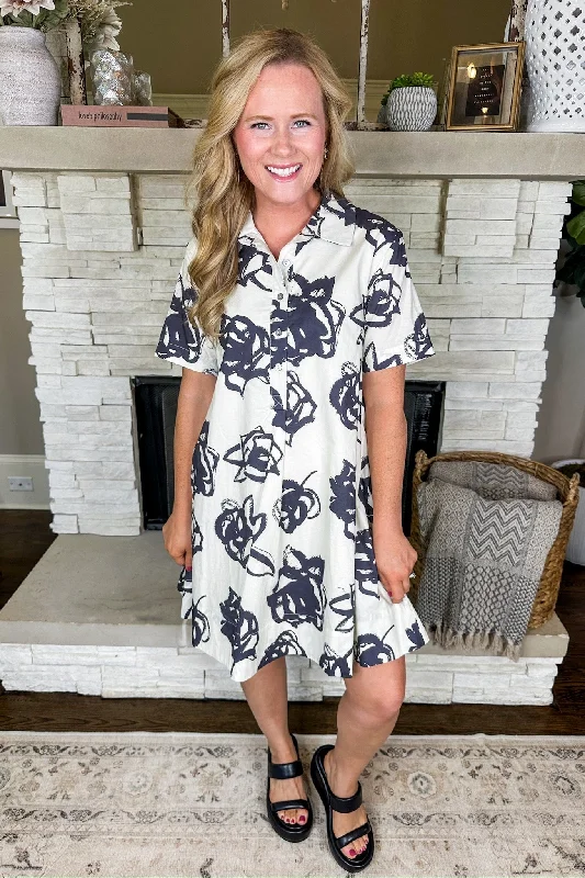 Chic Outfits Painted Black Floral Half Button Cream Poplin Dress