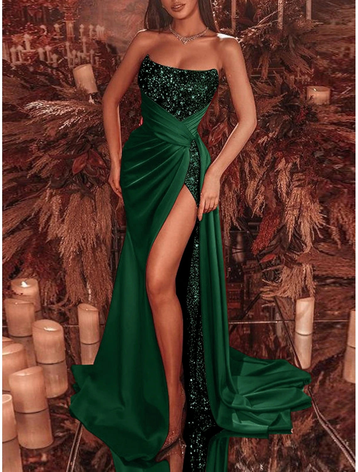 Vintage Style Clothing Sale Celebrity Style Formal Court Train Sleeveless Strapless Sequined with Ruched Sequin Slit Evening Dress