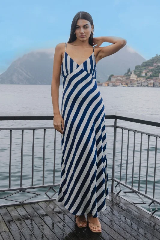 Step Ahead, Lead The Trend Otherworldly Navy Stripe Bias Slip Midi Dress