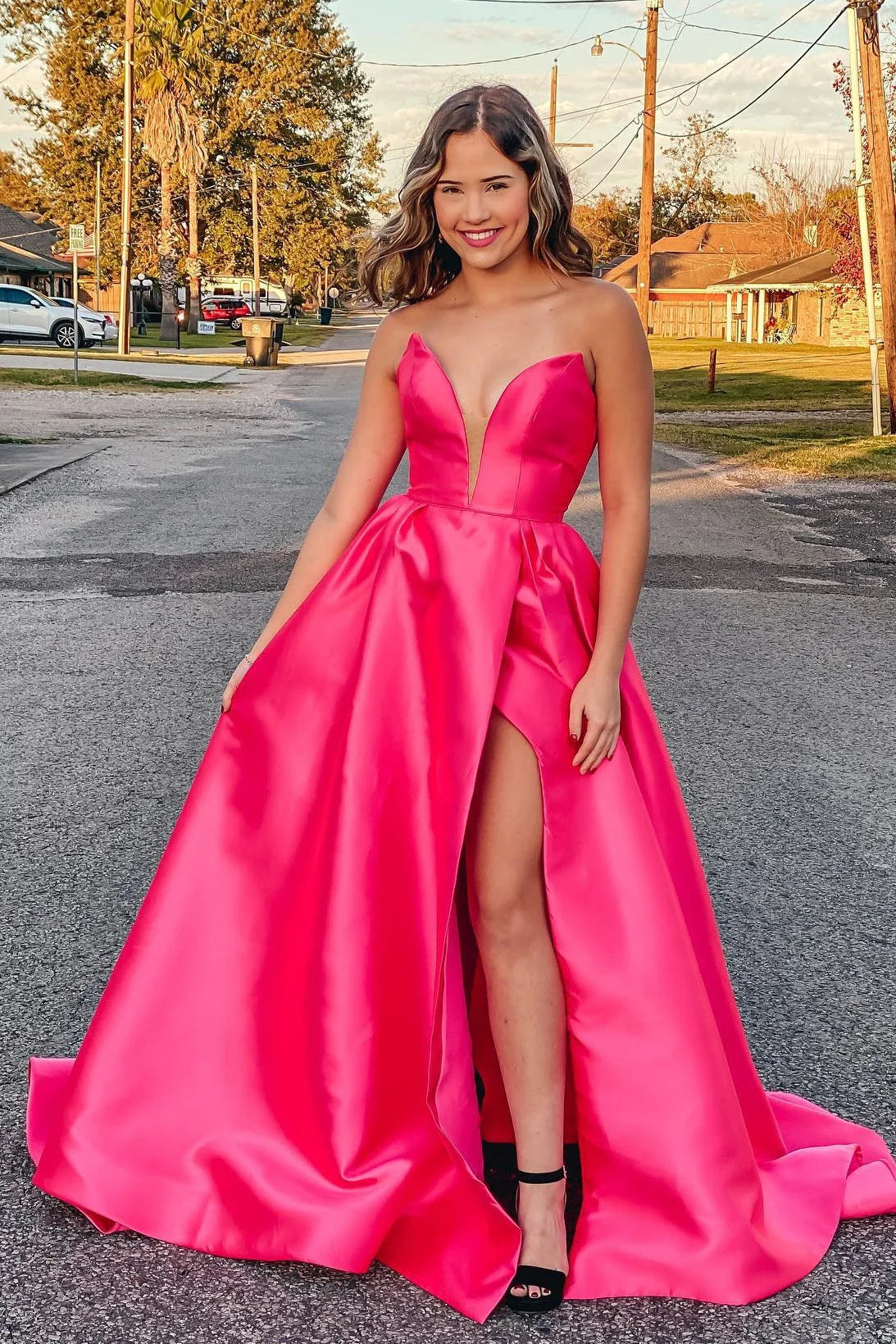 Cool Prices Plus Size Prom Dress A-Line Satin Strapless  with Slit