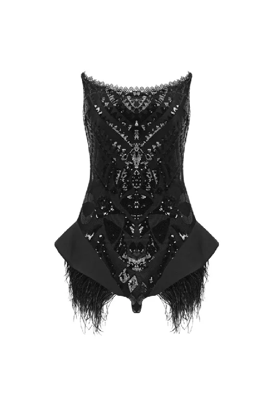 All Season Basics Discount Sparkly Sequin Embroidered Lace Strapless Feather Trim Peplum Bodysuit