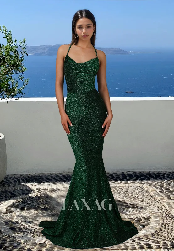 Women's Luxury Garments Wardrobe Essentials Sweetheart Spaghetti Straps Sleeveless Mermaid Prom Dress Glitter-Knit Pleated Evening Gowns with Sweep Train