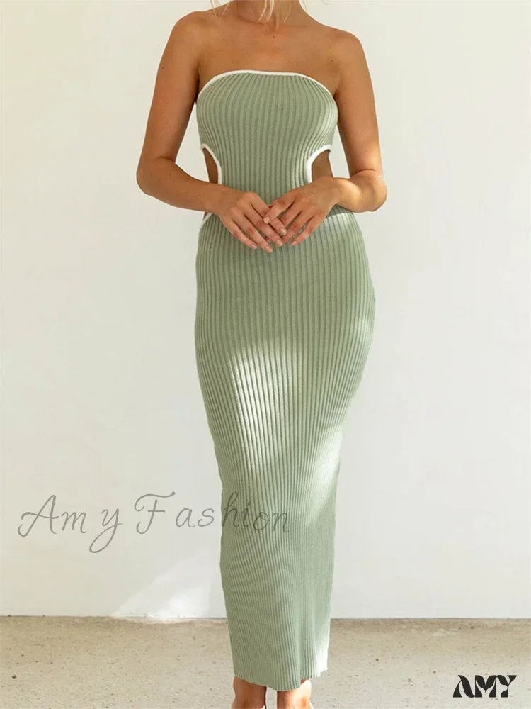 Latest Fashion Amy Fashion - Women Waist Hollow Out Tube  Strapless Off Shoulder Contrast Color Ribbed Summer Party Clubwear