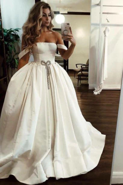 Timeless Elegance Redefined Ball Gown Off the Shoulder Satin Bateau Long Wedding Dresses with Pockets Bridal Dress