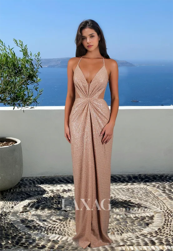 Women's Professional Garments Special Offer Deep V-Neck Glitter-Knit Pleated Formal Gowns Spaghetti Straps Sleeveless Floor-Length Fitted Prom Dress