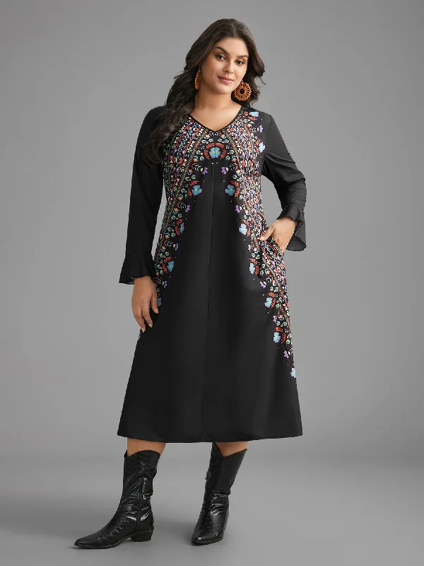 Exclusive Sale Boho Print Ruffle Sleeve Midi Dress