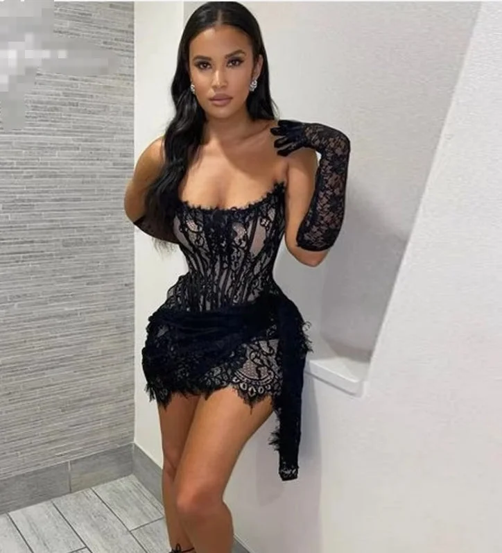 Fashion Essentials Sexy Mini Strapless Prom Dresses Sleeveless Short Plus Size Black Lace Vestido De Festa Tule Corset Back Dubai Evening Dress