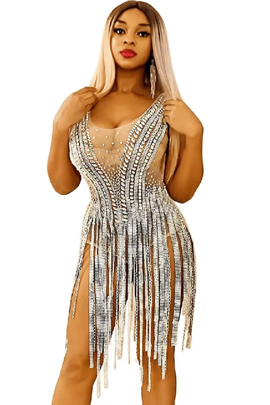 Best Sellers Sparkly Rhinestone Scoop Neck Sheer Mesh Fringe Romper Mini Dress - Silver