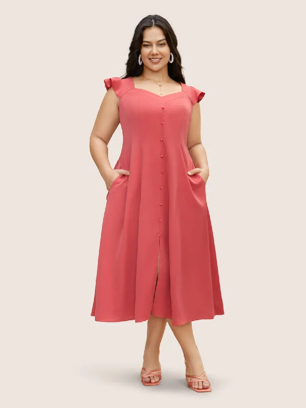 Trend Alert Solid Ruffle Cap Sleeve Button Detail Midi Dress