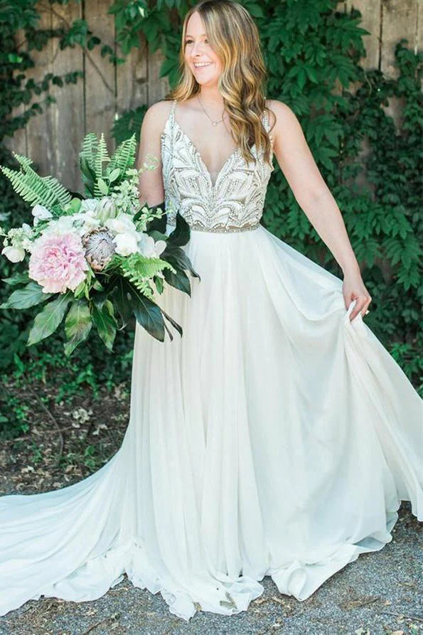 Discount Extravaganza Elegant Spaghetti Straps V Neck Chiffon Backless Beach Wedding Dresses Bridal Gowns