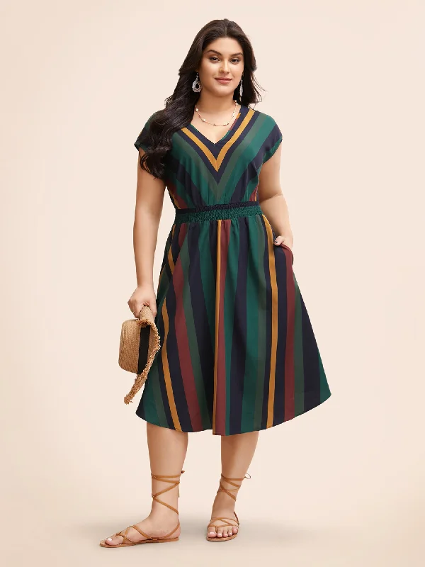 Inspired By You, Designed For You Striped Shirred Cap Sleeve Midi Dress