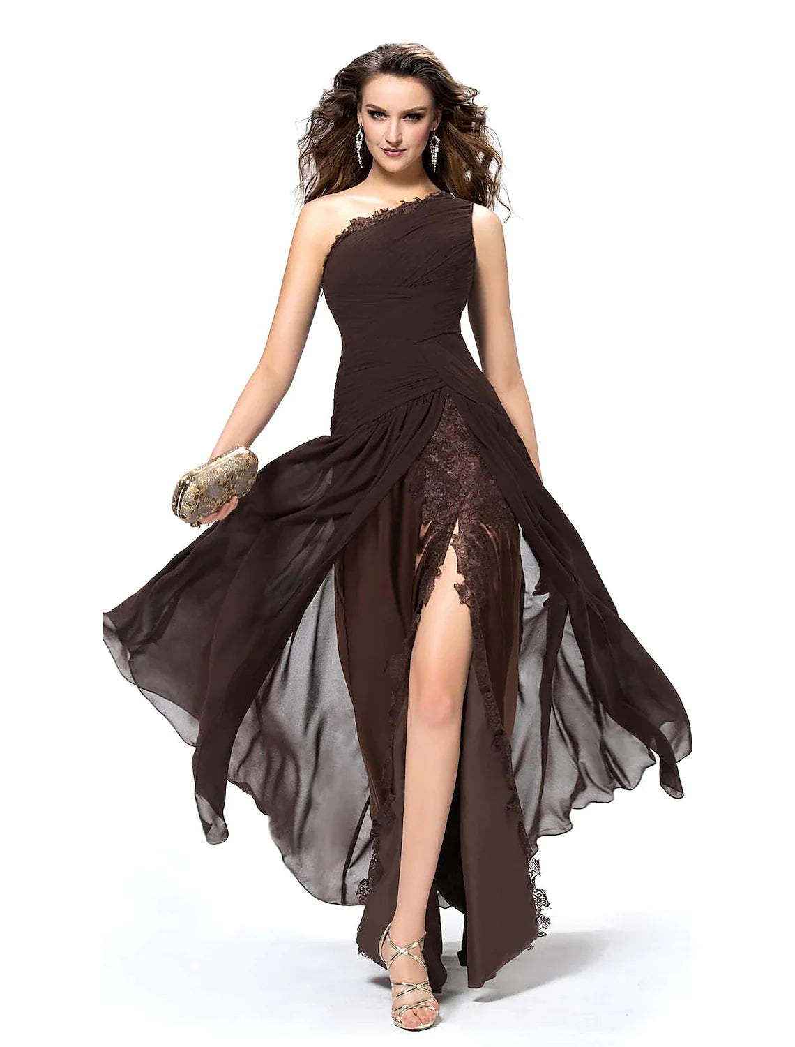 Low Price Special A-Line Elegant Sexy Party Wear Formal Evening Dress One Shoulder Backless Sleeveless Floor Length Chiffon with Slit Lace Insert