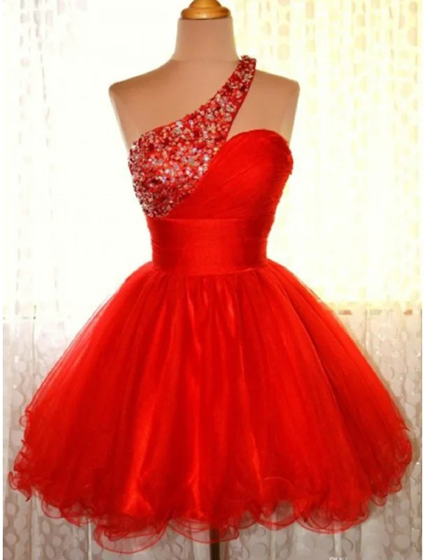 Stylish Looks A-Line Homecoming Dresses Sparkle & Shine Dress Holiday Short / Mini Sleeveless One Shoulder Tulle with Sequin