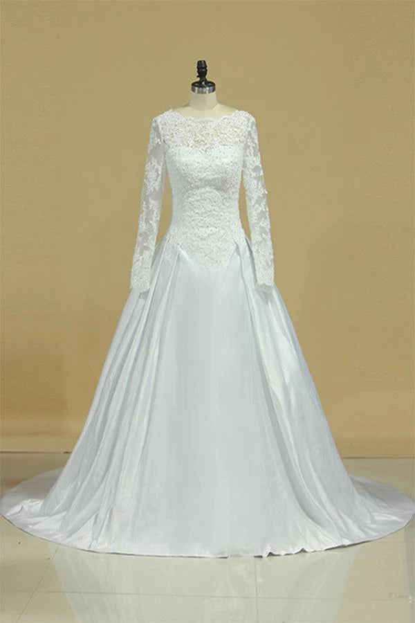 Quality Driven Apparel A Line Long Sleeves White Lace Appliques Satin Beads Open Back Wedding Dresses