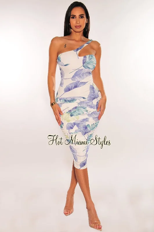 Effortless Chic Apparel White Blue Green Floral Print One Shoulder Ruched Dress