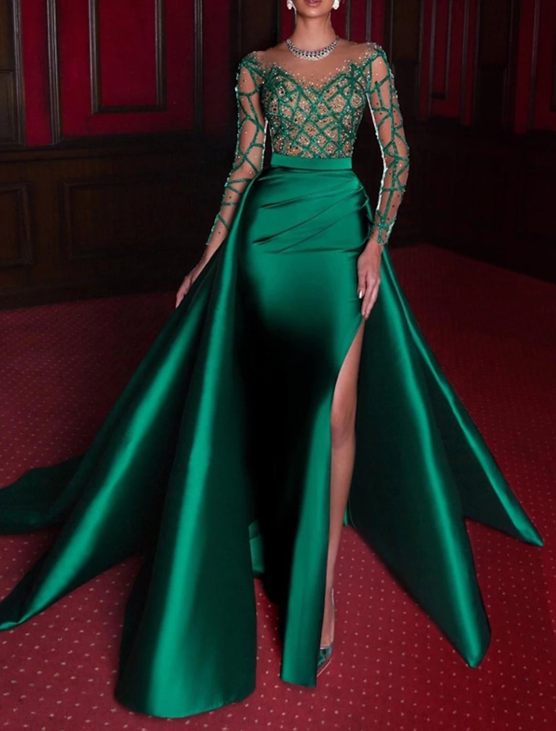 Sleek Design Mermaid Evening Gown Luxurious Dress Carnival Christmas Red Green Dress Court Train 3/4 Length Sleeve Jewel Neck Satin with Rhinestone Appliques