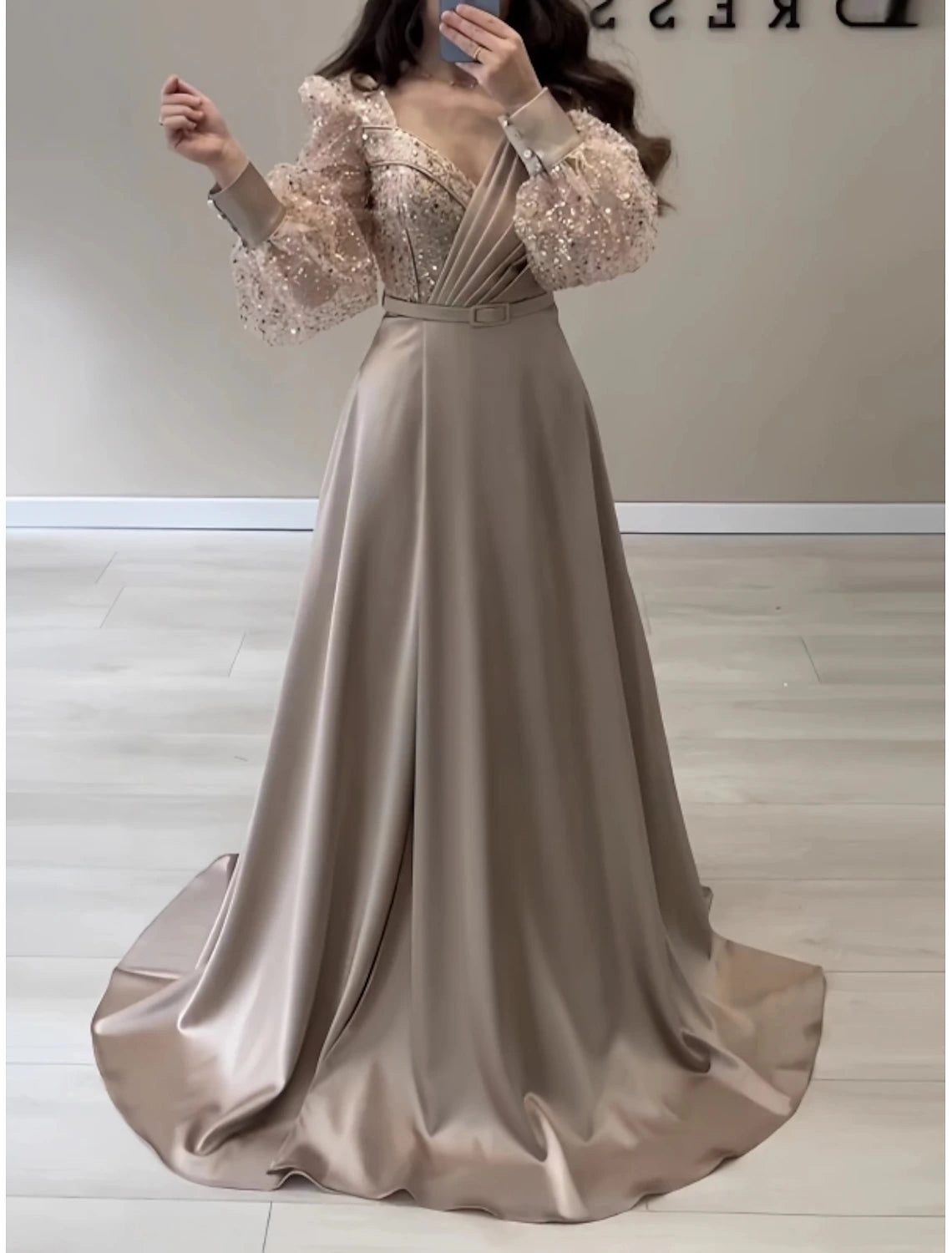 Innovate Your Wardrobe Formal Fall Brush Train Long Sleeve V Neck Satin with Glitter Pleats Evening Gown Elegant Dress