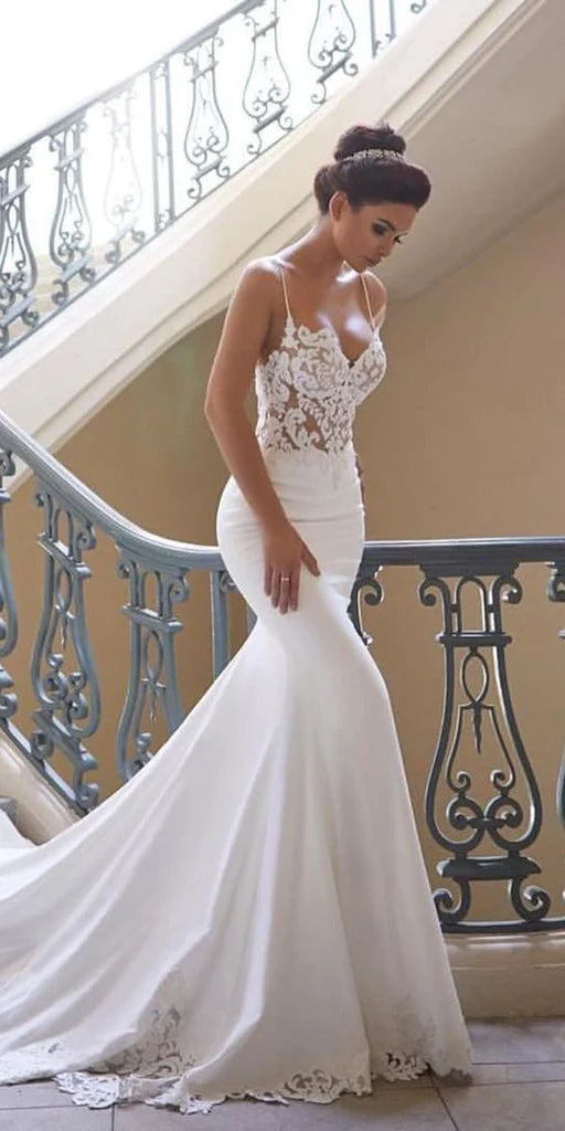 Wardrobe Refresh Mermaid Ivory Spaghetti Straps V Neck Wedding Dresses Lace Satin Bridal Dresses