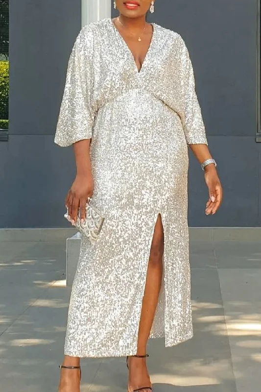 Comfortable Chic Sequined Glistening V Neck High Split Maxi Dress