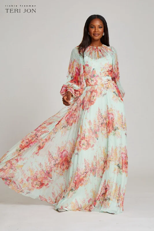 Limited Time Offer Printed Floral Pleated Maxi Gown