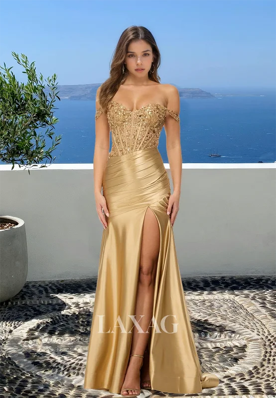 Women's Casual Garments Best-Sellers Off-Shoulder Sleeveless Pleated Mermaid Prom Dress Sweetheart Beaded Slit Evening Gowns