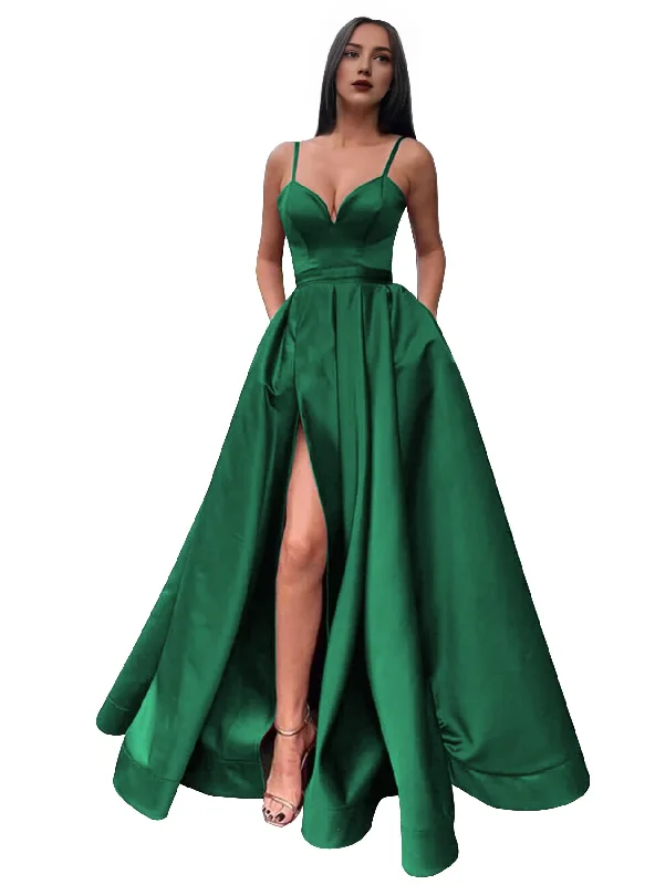 Discover Now Prom Dress Satin Long V Neck High Slit Ruched Corset Ball Evening Dress with Pockets Formal Wear Dresses