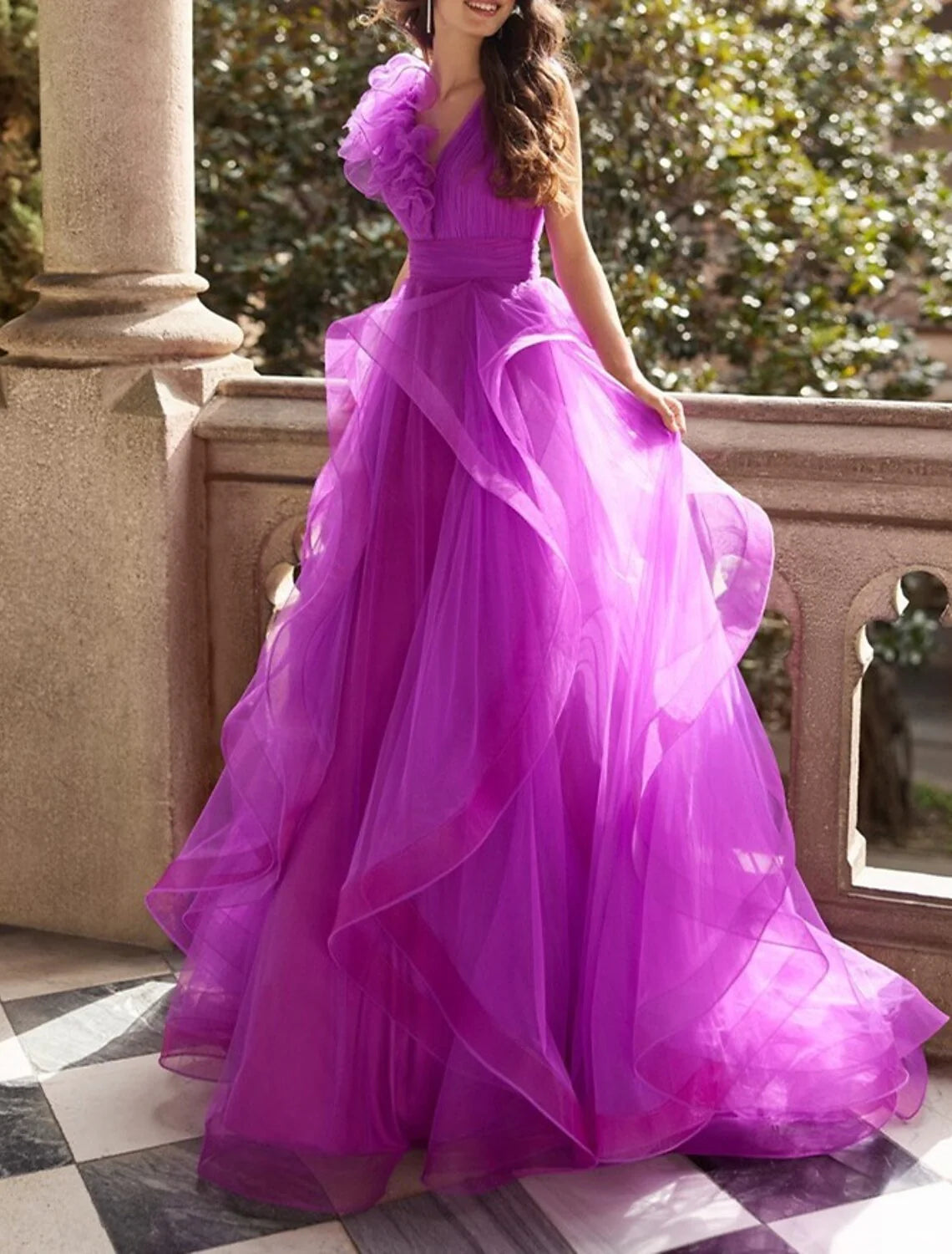 Trendy Threads A-Line/Princess V Neck Sleeveless Floor-Length Prom Dresses With Ruffles