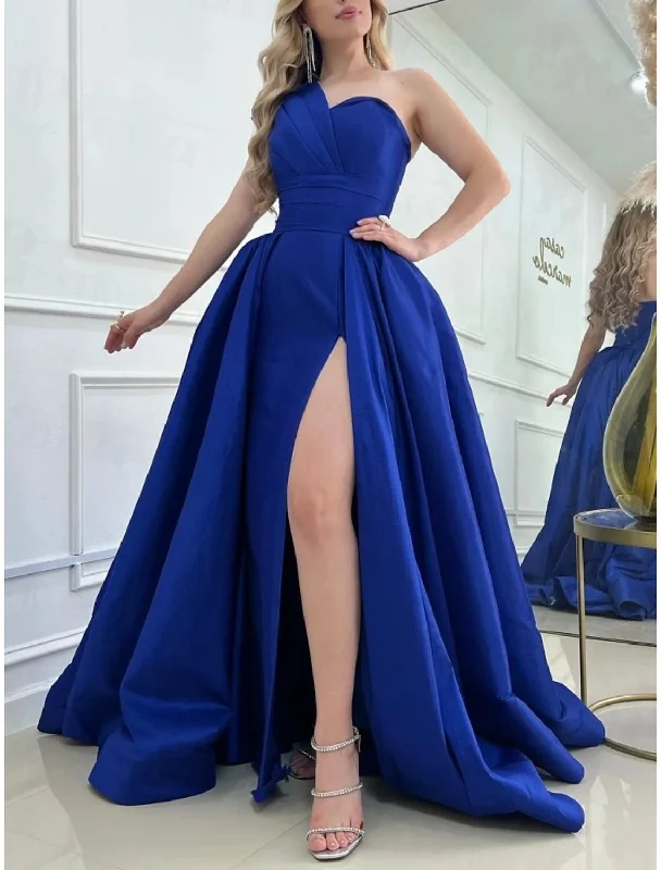 Fashion Sale A-Line Prom Dresses Elegant Dress Formal Sweep / Brush Train Sleeveless One Shoulder Satin with Pleats SlitA-Line Prom Dresses Elegant Dress Formal Sweep / Brush Train Sleeveless One Shoulder Satin with Pleats Slit