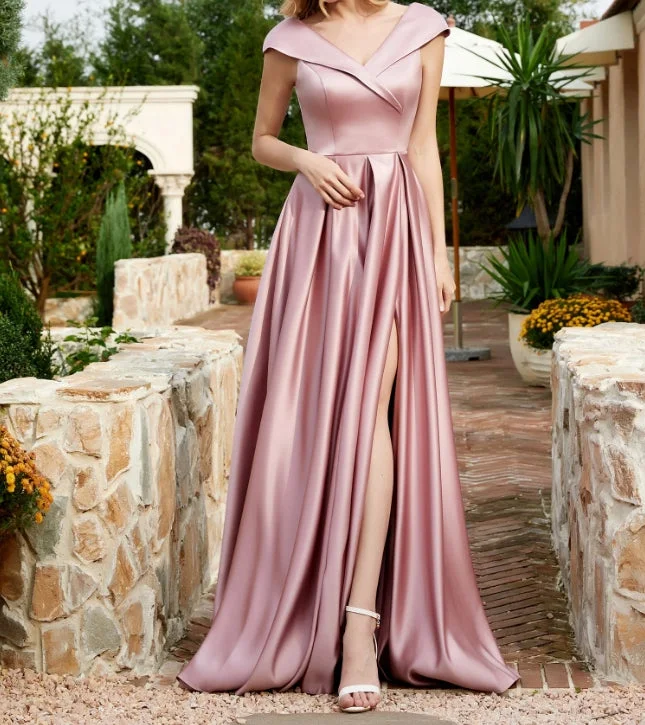 Stylish Savings Evening Dress Satin Cap Sleeve Pocket Split fork Dress