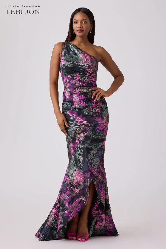 Trendy Street Style Attire Floral Jacquard One Shoulder Evening Gown